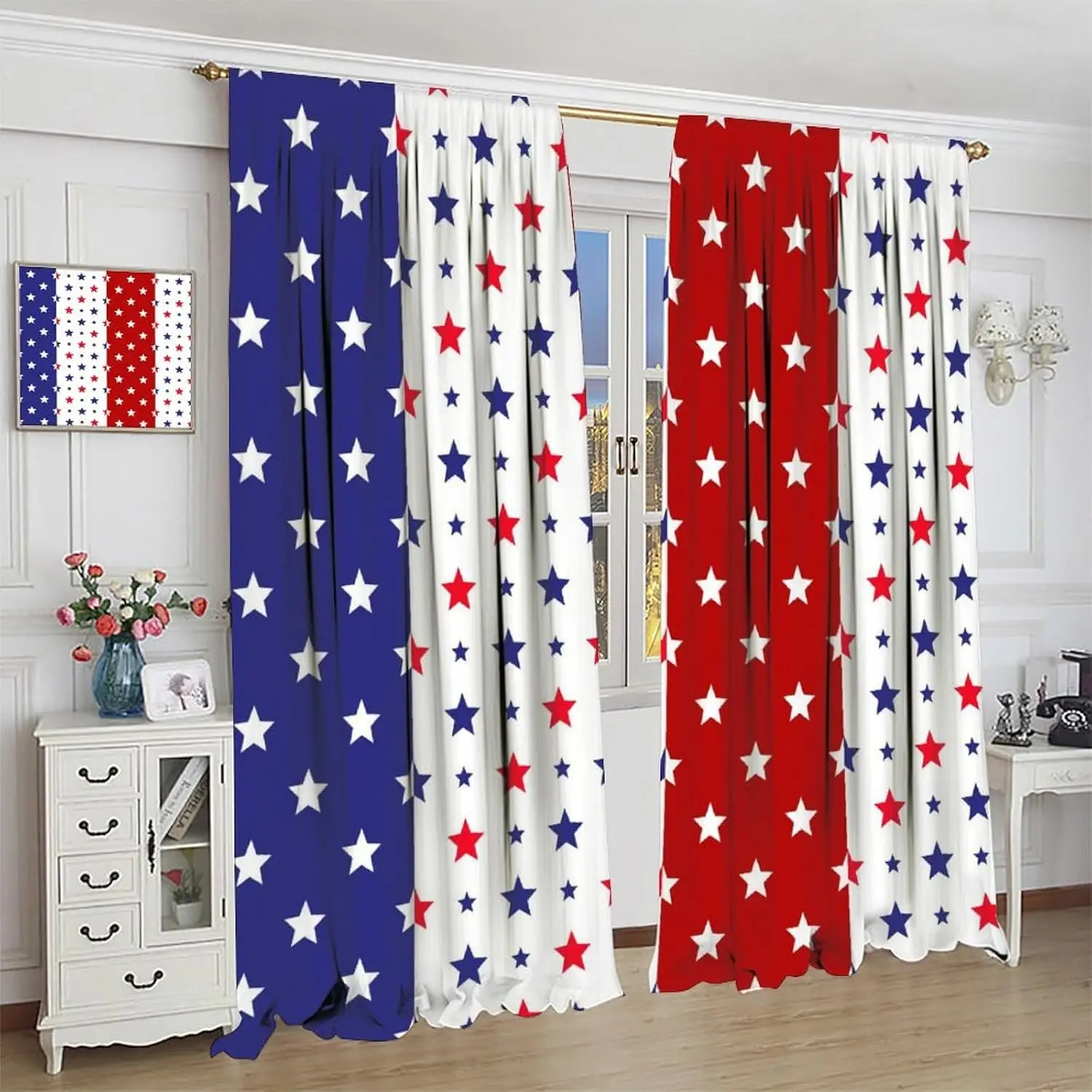 4th of July Curtain,Patriotic Stars Stripes Red White Blue Independence Day Drapes Bedroom Living Room Kitchen Window Treatment