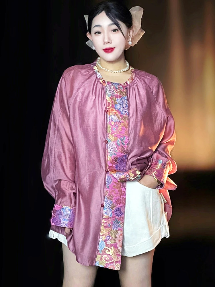 

Новый китайский топ средней длины с национальным трендом Tang Suiting Floral Cloud Silk, свободный топ средней длины из шелковой смесовой ткани