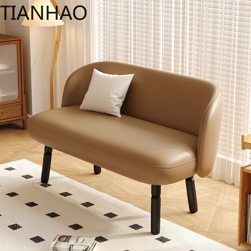 Trendy Compact Retro Two Seater Genuine Leather Sofa for Apartment Bedroom Living Room French Style Cream Colored Accent