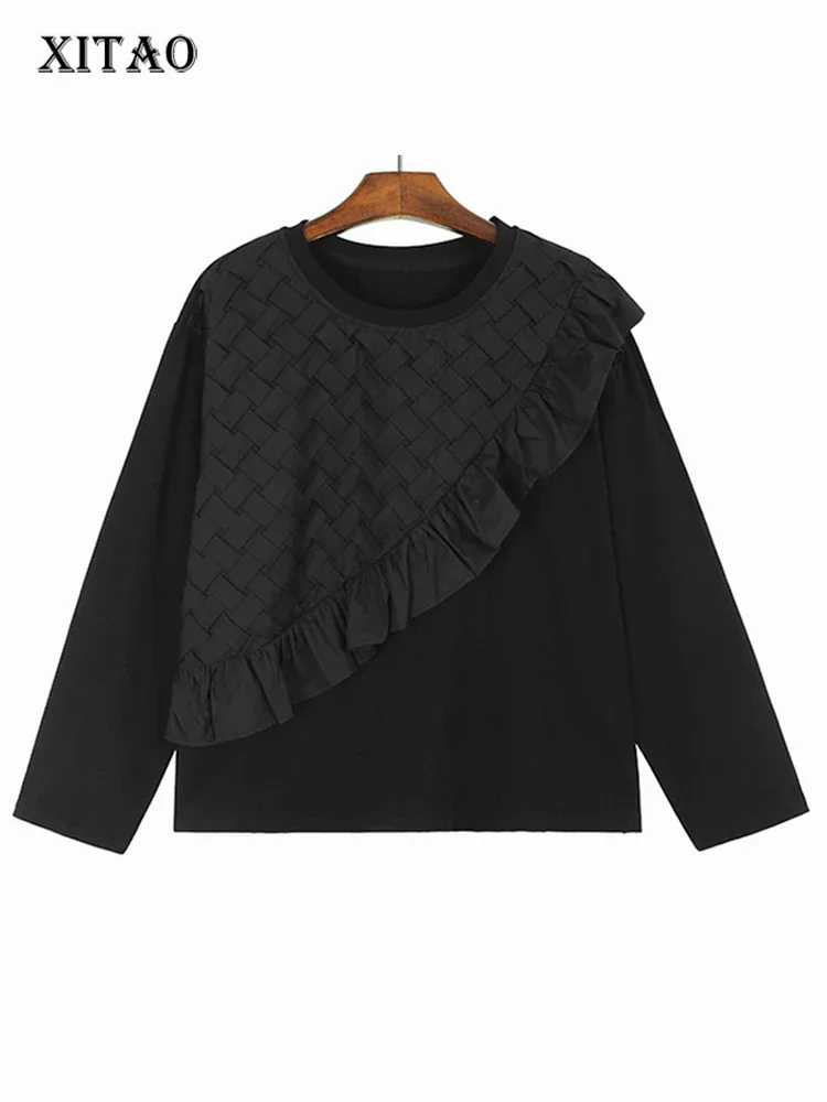 

XITAO Edible Tree Fungus Patchwork T-shirts O-neck Pullover Loose Solid Color All Match Casual Tops 2025 Autumn New DMJ4184