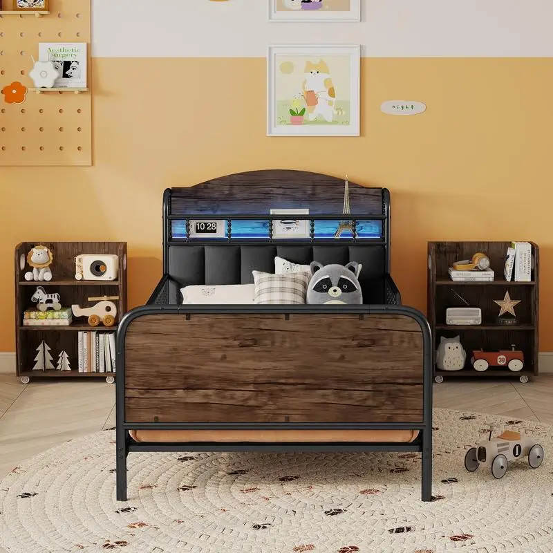 هيكل سرير بمنصة معدنية مزدوجة مع ضوء، سرير أطفال منجد مع أرفف تخزين قابلة للسحب، أسود - تاريخ الوصول 2025-10-05
