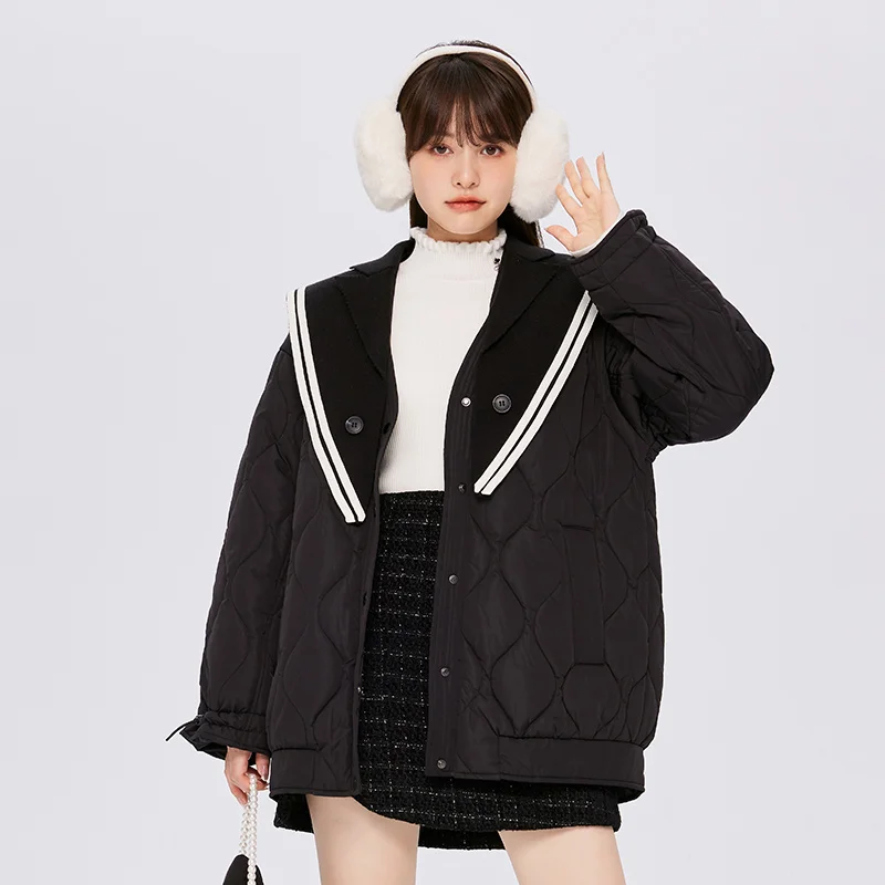 Semir Cotton Coat Women Mid-Length Navy Collar Fashion Trendy 2023 Winter New Black Loose Thick Cotton Jacket