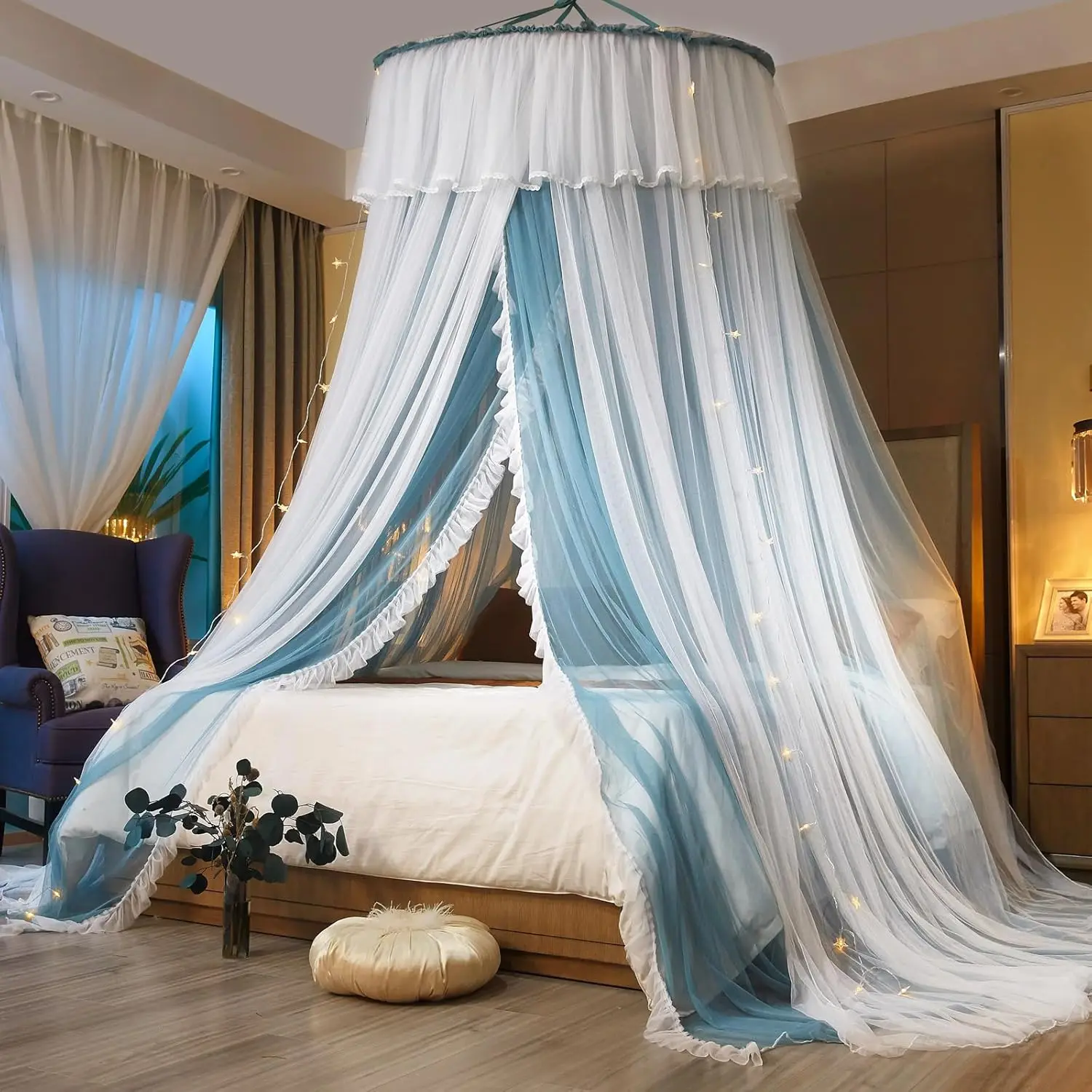 

Elegant Double-Layer Princess Bed Canopy for Girls and Adults, Round Lace Mosquito Net Fits Twin to King Beds in Blue/White