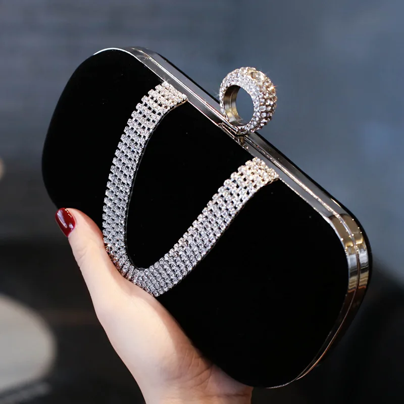 

Velvet Evening Clutch with Rhinestone V-Pattern & Ring Detail - Elegant Black Cocktail Purse for Women, Luxury Party Handbag