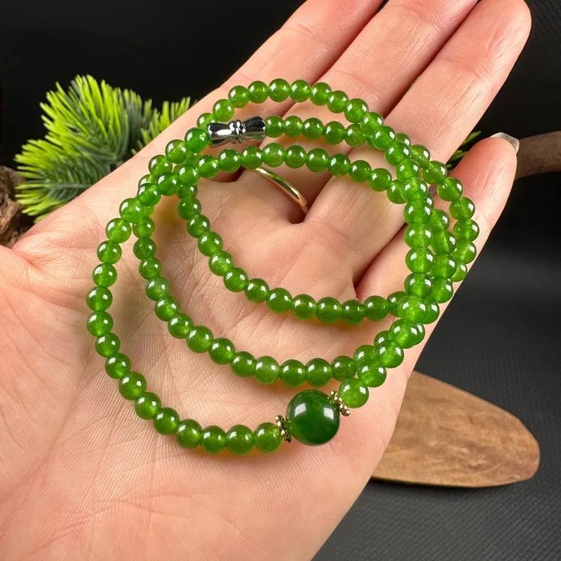 Hetian jade spinach green ultra-fine millet bead necklace sun-green clavicle chain apple green can also be made into a bracel