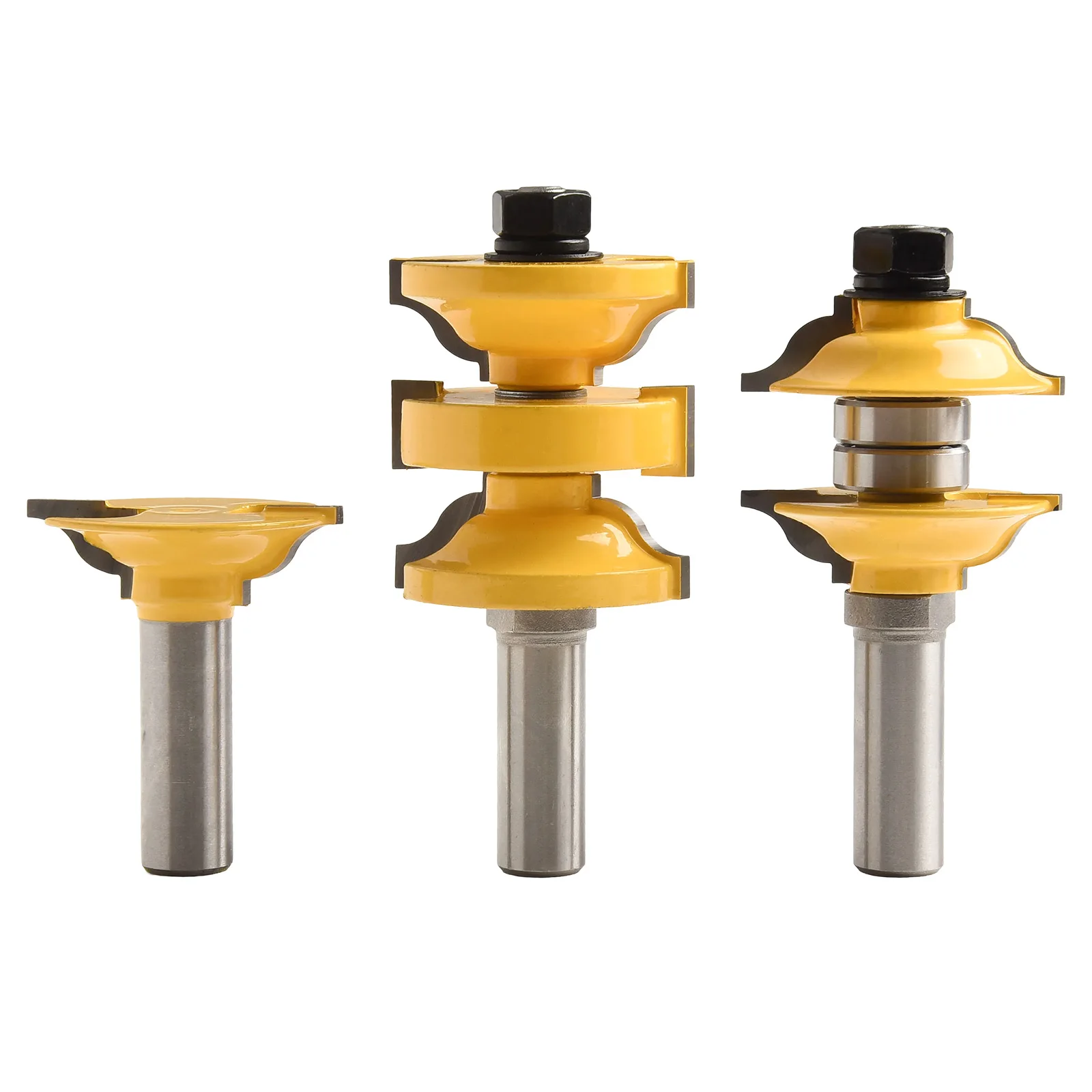 3pcs Alloy Router Bit Set Interior Mortise Door Milling Cutter 8mm 12mm 1/2in Handle Tools Tools Yellow Silver