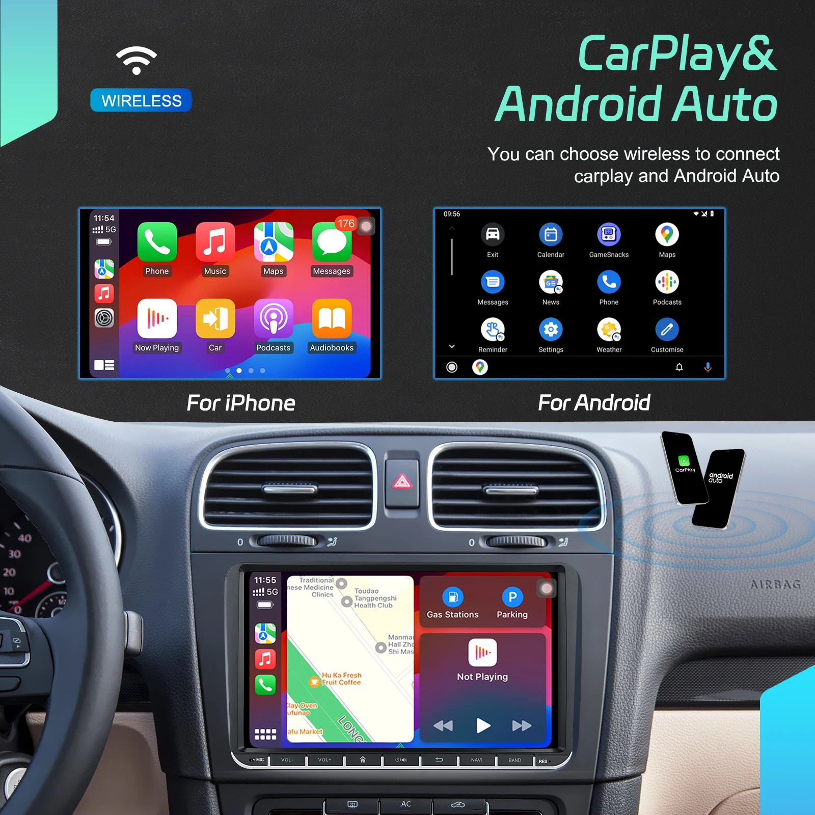 Podofo 9 ''2Din ستيريو سيارة لشركة فولكس فاجن/ماجوتان/جولف/العلبة مشغل وسائط متعددة 6 + 128G Carplay أندرويد السيارات واي فاي GPS FM/RDS BT صوت السيارة