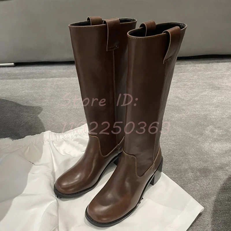 

Коричневые сапоги до колена на квадратном каблуке, кожаные рыцарские сапоги без шнуровки с круглым носком, 2024, женская осенняя уличная современная обувь в уличном стиле