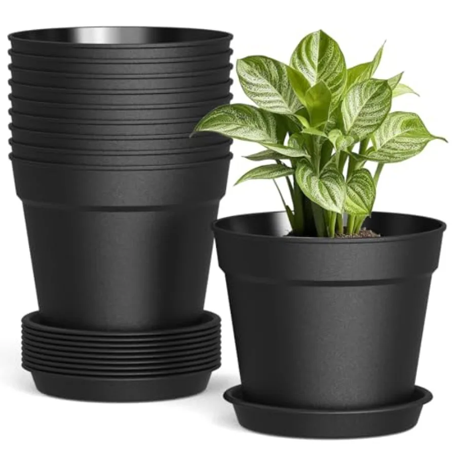 

10 Pack 6 Inch Plant Pots with Drainage and Saucers, Plastic Flower Pots for Indoor and Outdoor Plants, Stackable Nursery Plant