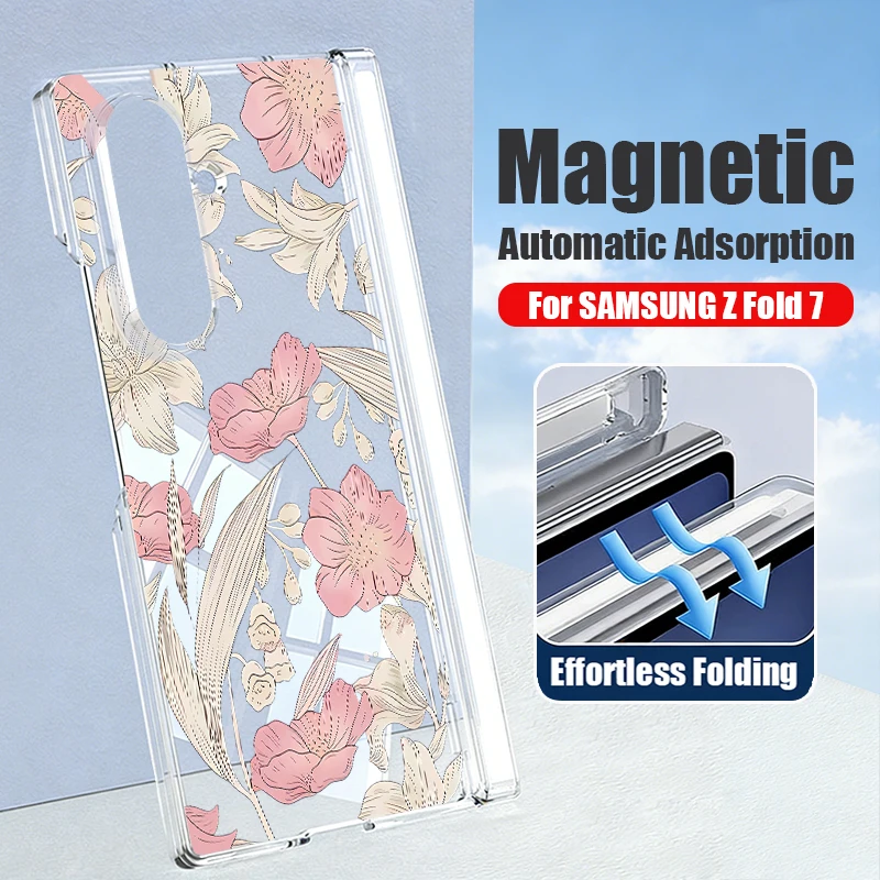 Magnetic Auto Adsorption Phone Case For Samsung Galaxy Z Fold 8 Ultra 7 6 5 Fold7 Fold6 5G Cartoon Flower Print Hard Back Cover