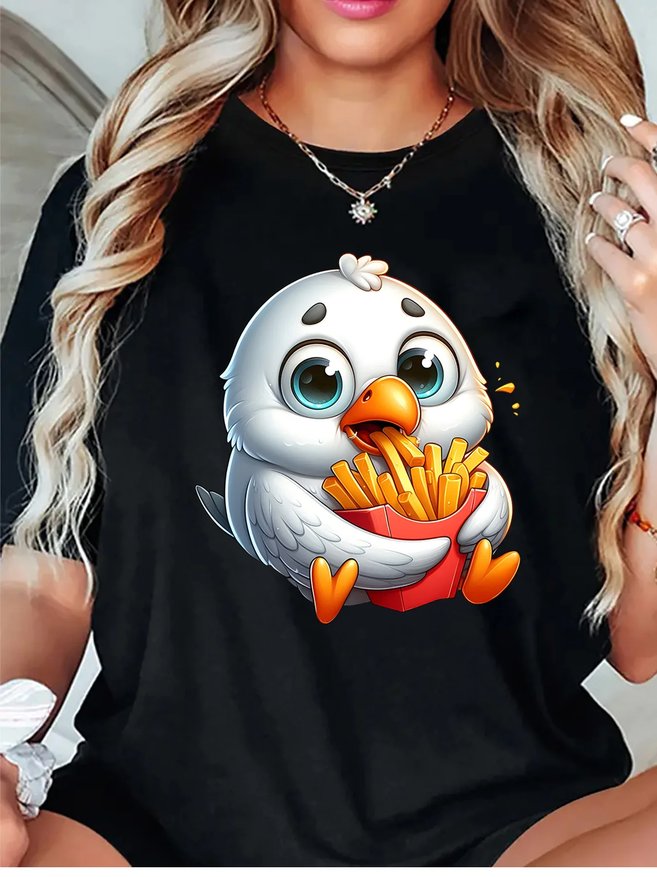Cute Cartoon White Bird Eating Tasty French Fries Fun Art Print Graphic Ladies T Shirt Short Sleeve Crew Neck Casual Tee Tops