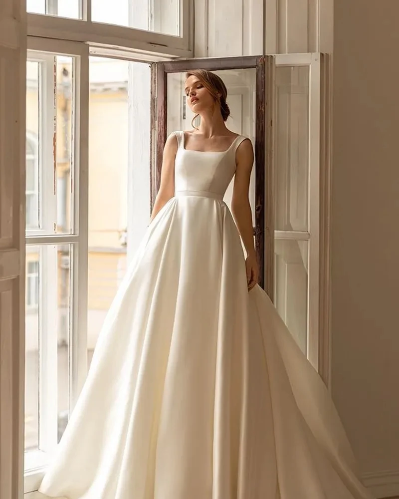 Robes de mariée en satin à manches longues pour femmes, belle robe simple pour les patients, magnifique robe de soirée pour dames, robe de Rh, quelle que soit la nouvelle, 2023