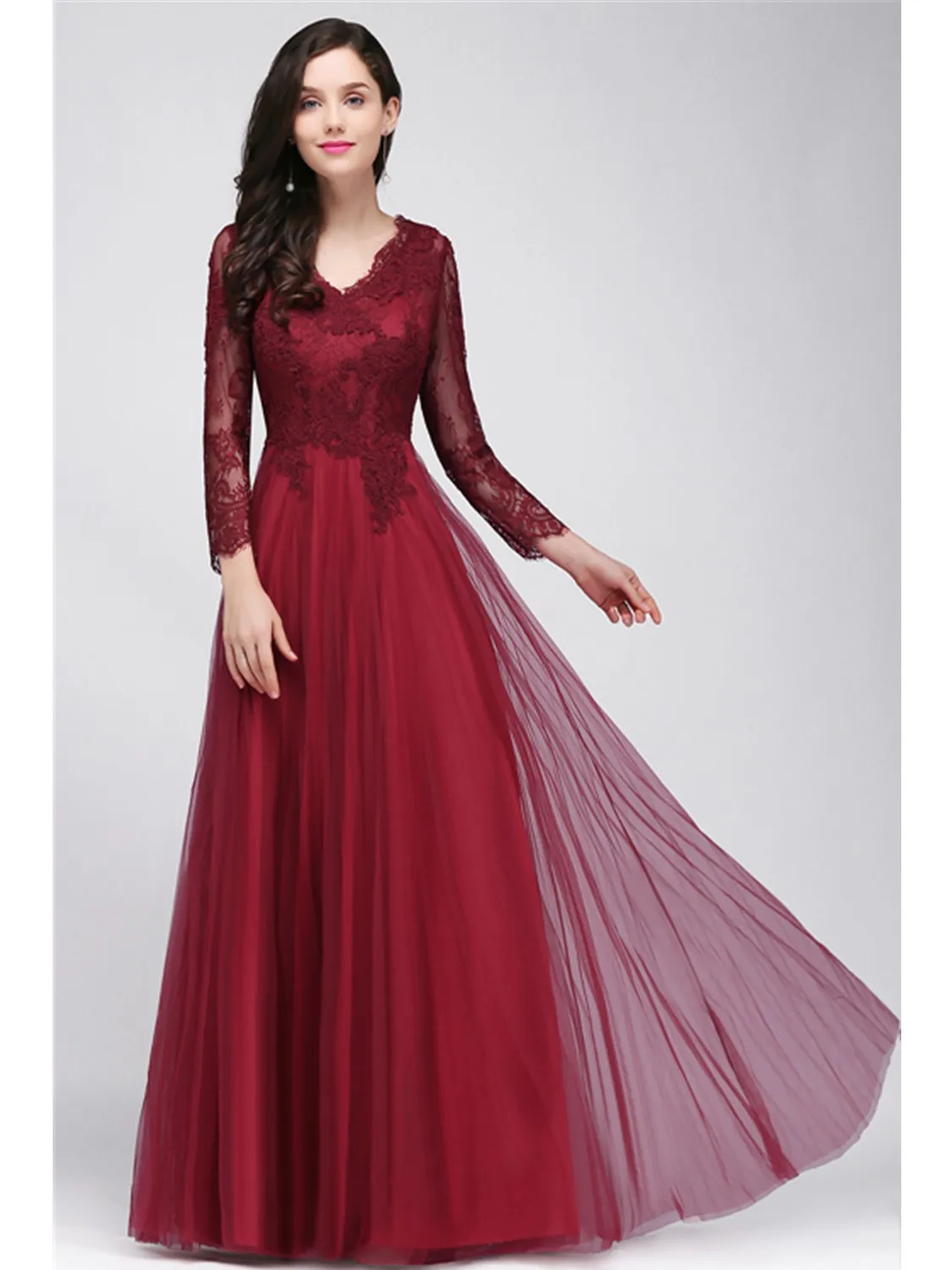 Sexy V Back Tulle Evening Dresses with Linning Burgundy Long Sleeve Lace A Line Female Prom Party Bridesmaid Maxi Gowns