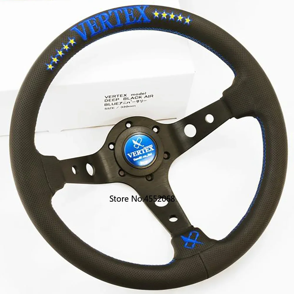 Blue/Red 330mm VERTEX 10 Stars jdm Racing Black Genuine Leather Drift Steering Wheel