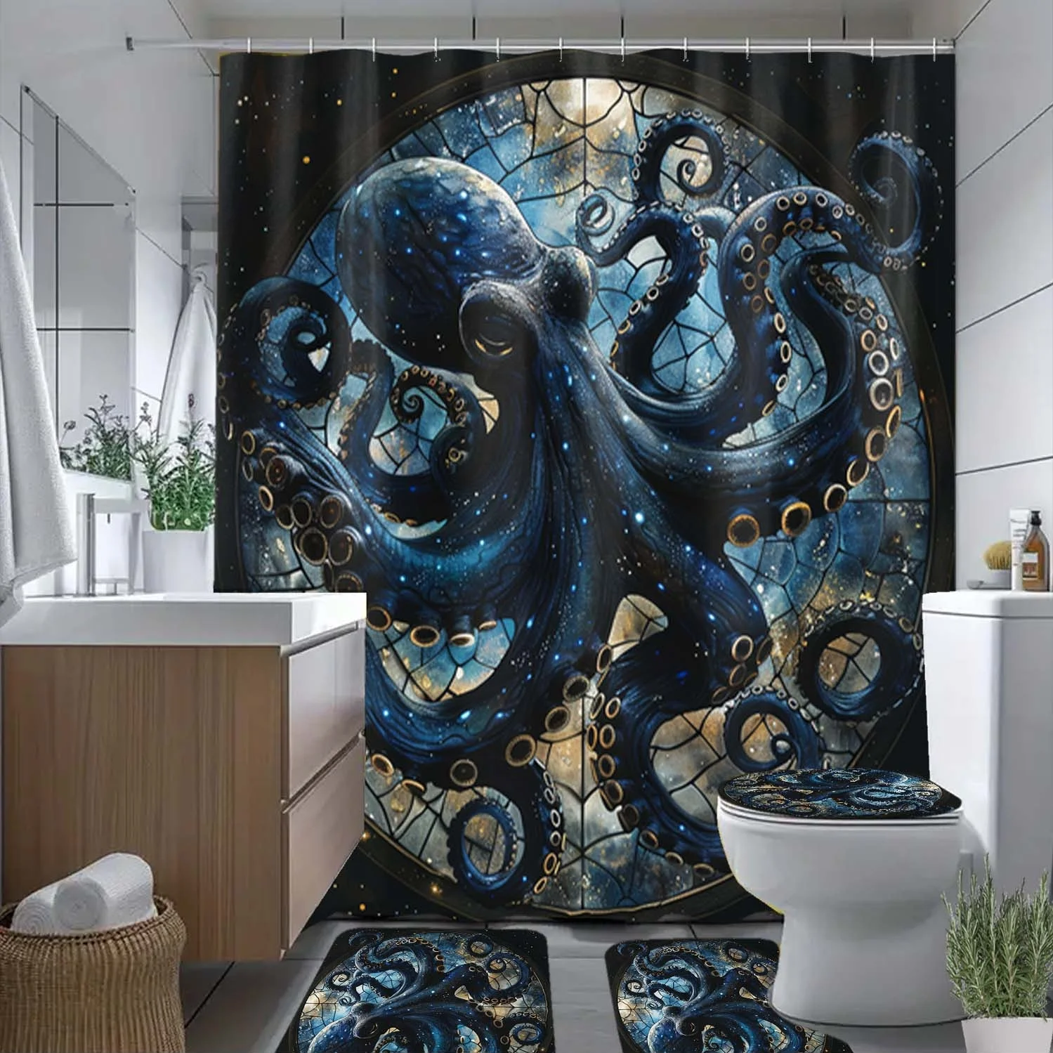 

4pcs Octopus, Starry Sky, Flower Window Glass Pattern Shower Curtain with Hooks, Bathroom Partition Curtain, Bathroom Access