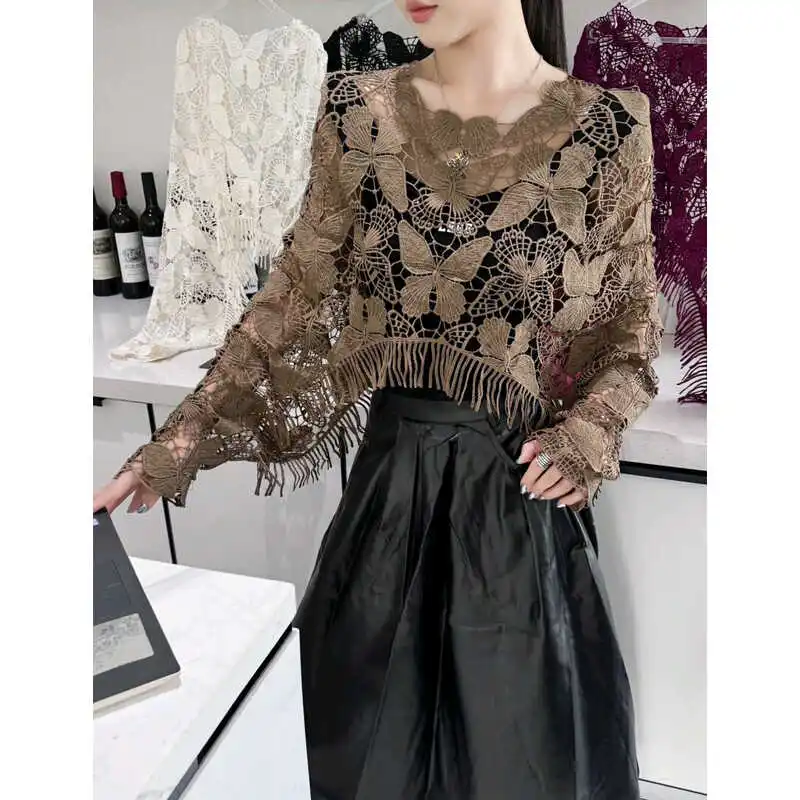 

Women's Long Sleeve Lace Embroidery Top Oversized Hollow out Bohemian Style Fashionable Spring Summer Autumn Outerwear