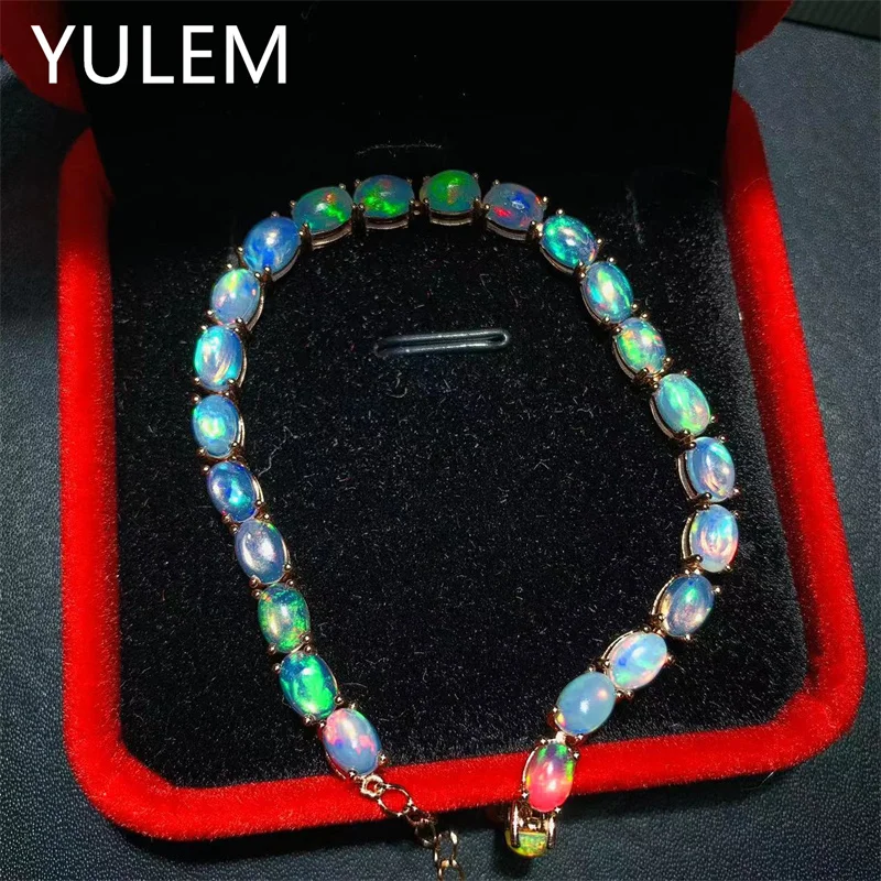 YULEM Natural Opal Bracelet 925 Sterling Silver Luxury Jewelry Silver Bracelets for Women 4x6mm 24pcs Natural Australian Opal