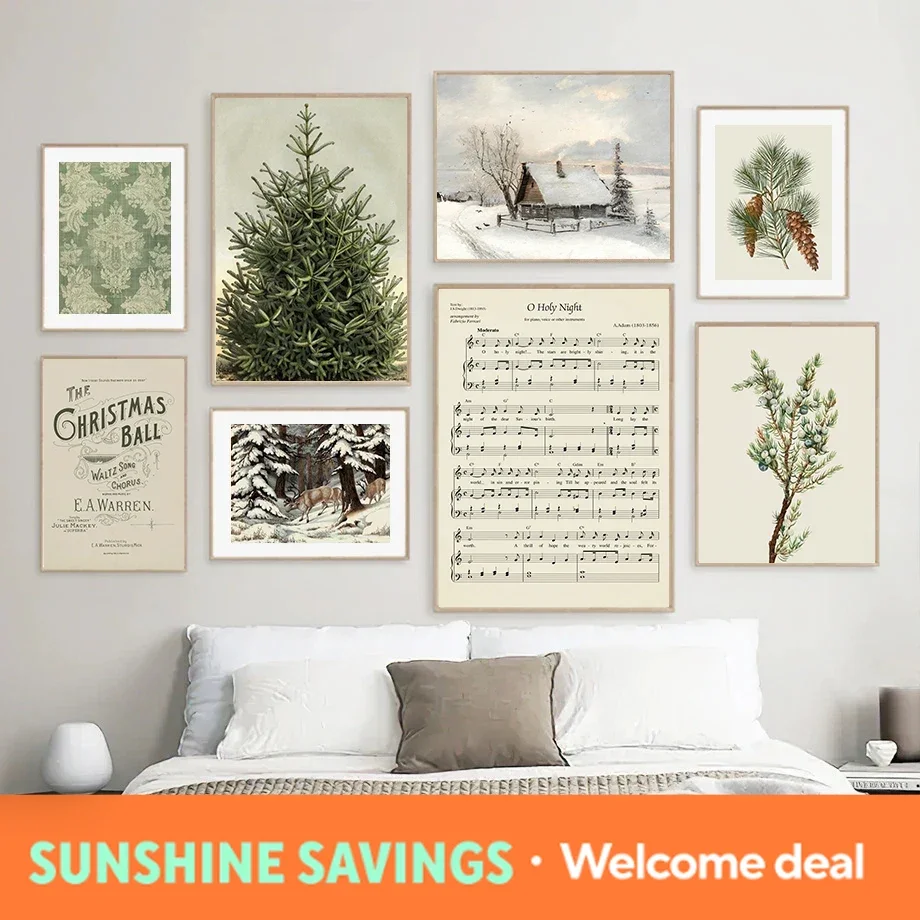 Cuadros Decorativos de Navidad para Pared, Impresiones Rústicas de Invierno, Pintura al Óleo, Póster de Diamantes, Decoración Navideña, Cuadros Decorativos para Pared de Estilo Rústico