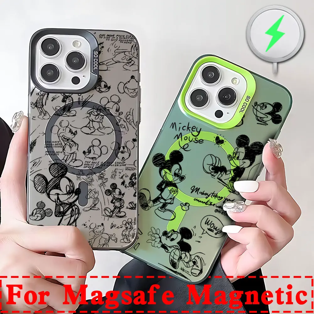 Black Fashion Mickey Minnie Magsafe Magnetic Case for Samsung S25 S24 S23 S22 S21 S20 FE Plus Ultra 5G Soft Silver Plated Cover