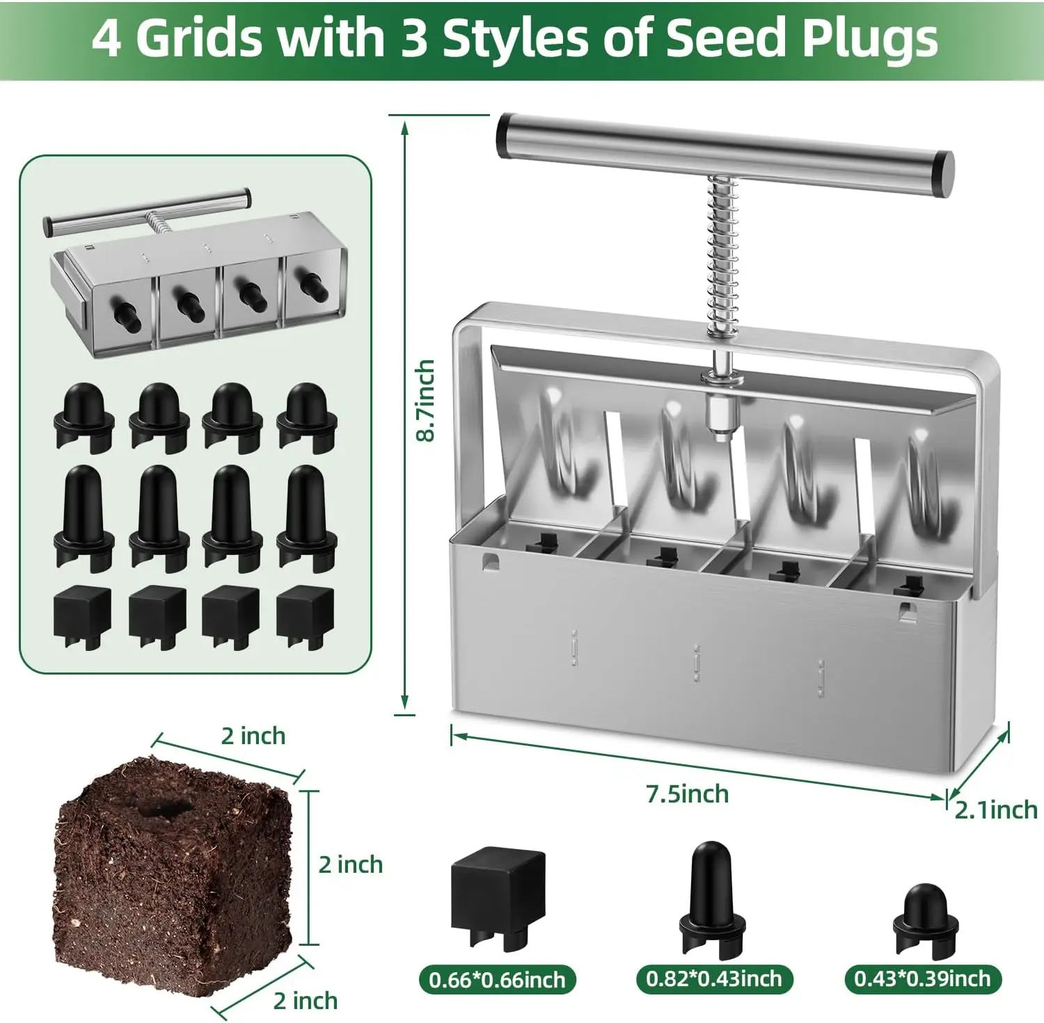 Soil Blocker 2 Inch 4 Cell Soil Block Maker Heavy Duty with Comfortable Handle and 3 Sizes Seed Pins Handheld Soil Blocking Tool