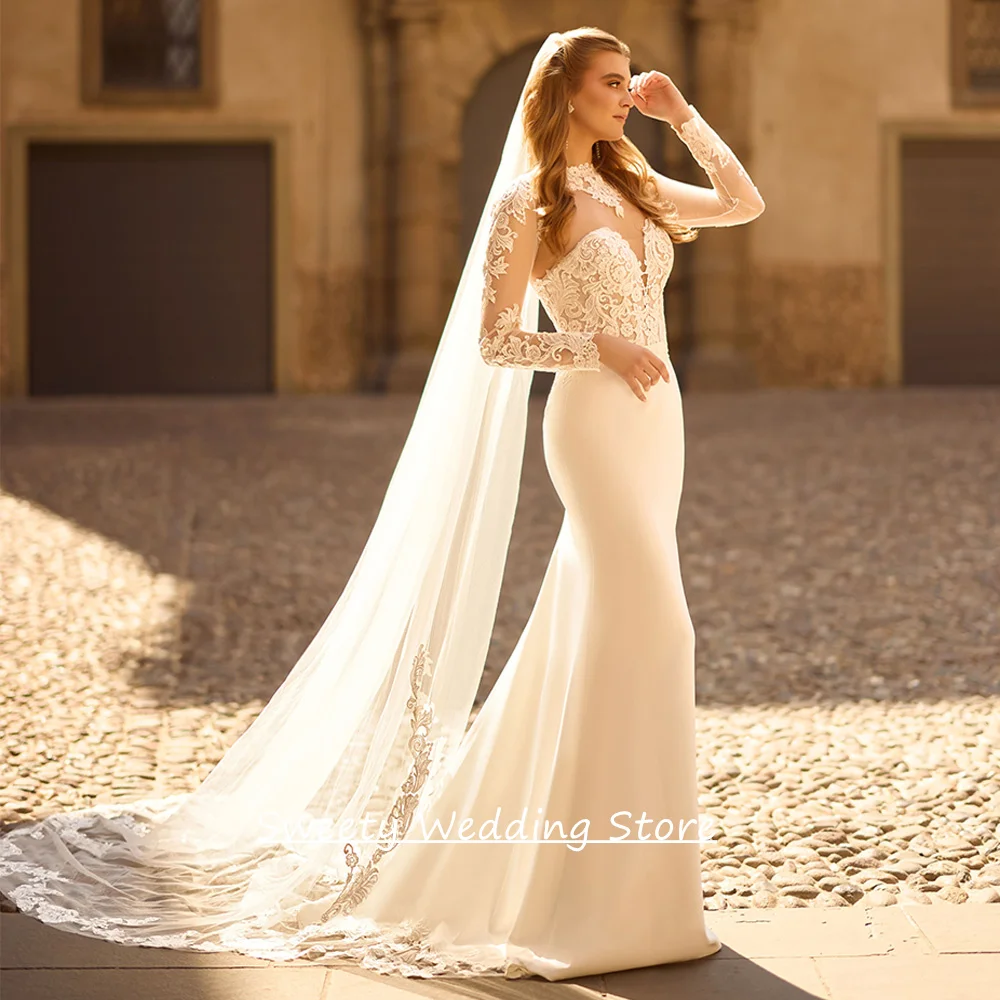 

Mermaid Wedding Dress with Lace Bolero Jacket Customized Sweetheart See Through Applique Stretch Woman Bridal Gowns
