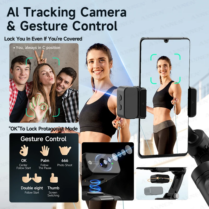 M03 AI seguimiento facial estabilizador de cardán de mano antivibración de 3 ejes luz de relleno magnética plegable micrófono desmontable para teléfonos inteligentes