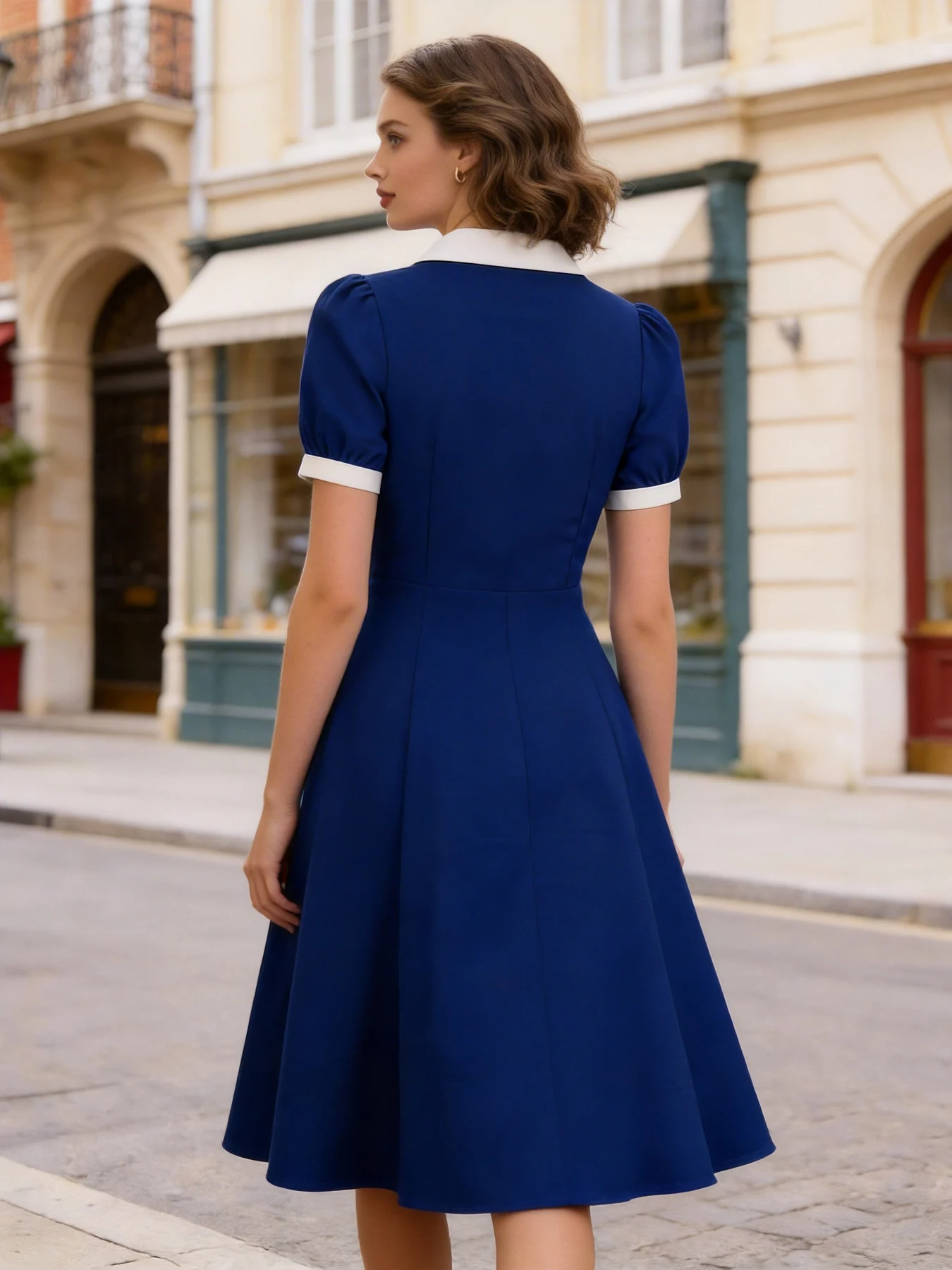 Tonval Notched Collar Buttons Front Women Elegant Summer Dresses High Waist Vintage Flared Hem Swing Dress