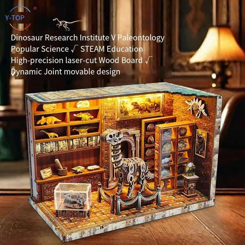 Dinosaurier-Forschungsinstitut DIY Holzbuchecke – 3D-Puzzle-Miniatur-Szenenhaus, kreatives Spielzeug für Kinder und Erwachsene, einzigartiges Geschenk