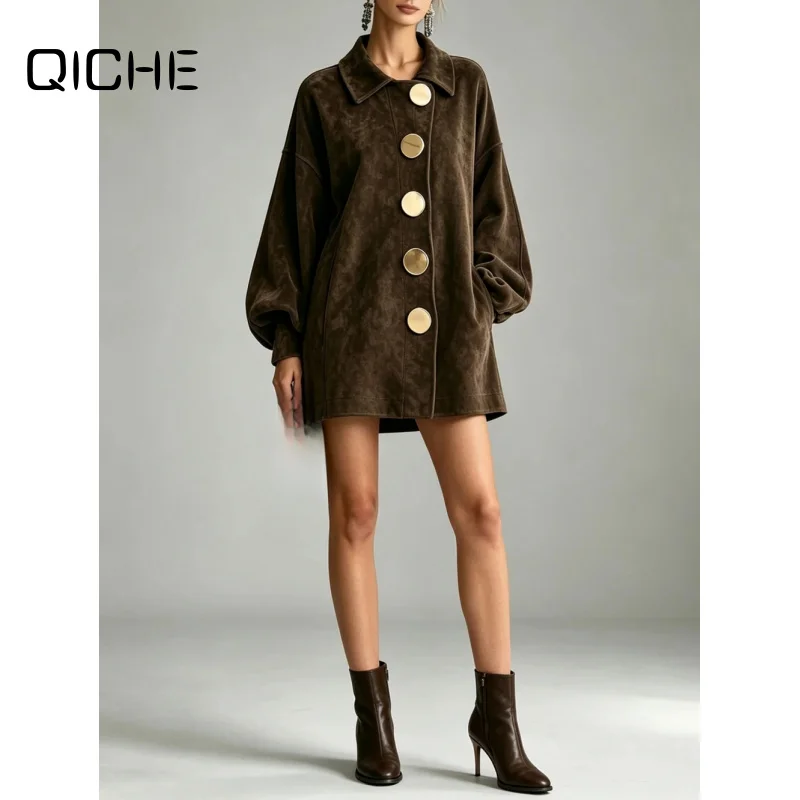 QICHE Women 2026 Autumn Winter Vintage Coffee Faux Suede Lapel Loose Mid Length Coat With Big Metal Buttons