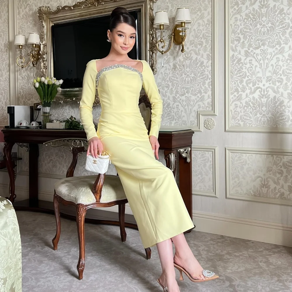 

Customized Fashion Jersey Beading Sequined Straight Square Neck Midi Dresses Bespoke Occasion Dresses Sizes Available Classic