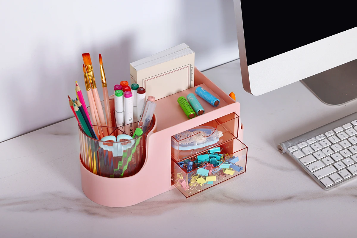 Multifunction 2 Drawers Plastic Desk Organizer With Rotating Pen Holder Household Items New Design for Office Organization