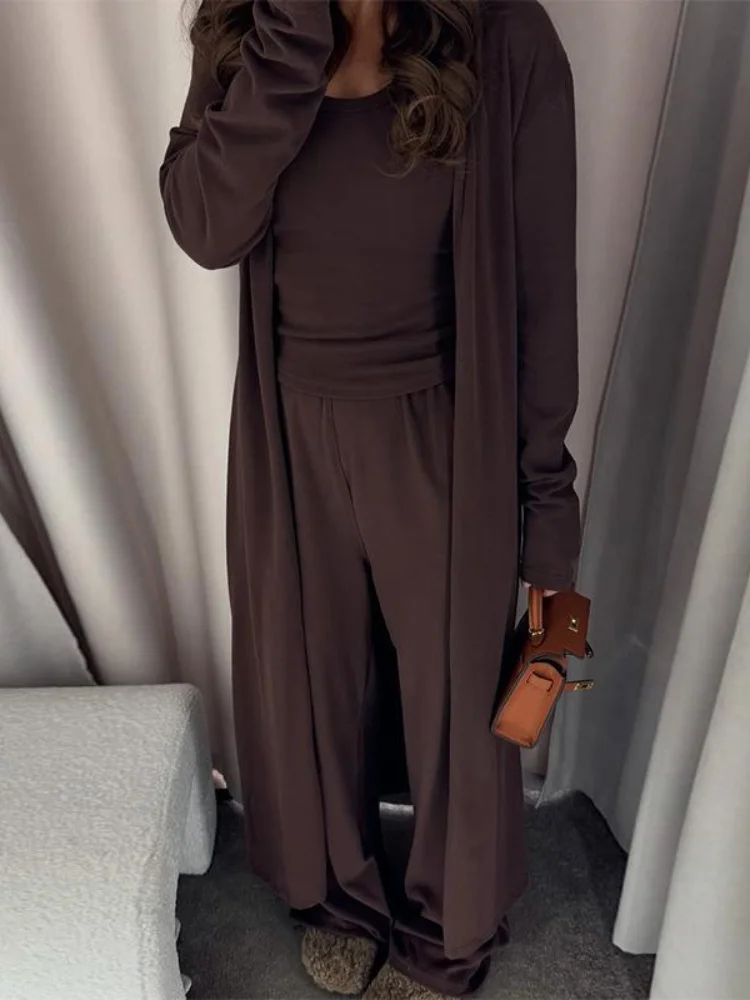 Conjunto de pantalones lisos elegantes para mujer, Top sin mangas con cuello redondo, cárdigan largo, pantalón recto de pierna ancha, moda de verano 2025, trajes informales para mujer