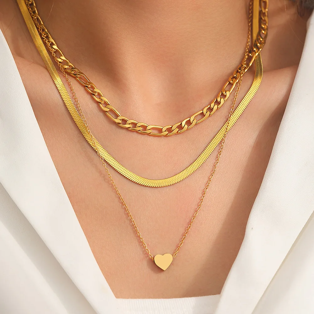 

2026 New 316L Stainless Steel Gold Three Layer Chain Heart Pendant Necklace Women Trend Streetwear Rust Proof Jewelry Gift
