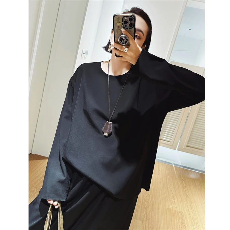 

Шелковистая гладкая женская блузка Bla Silk с длинным рукавом, тонкий осенний топ из шелкового лиоцелла, круглый вырез, стандартная длина, летняя блузка