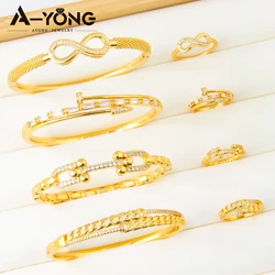 Luxury Dubai Gold Wedding Jewelry Bracelet Set 21k Gold Plated Turkish Vintage Opening Bangles Ring Italian Women Party Jewelrys