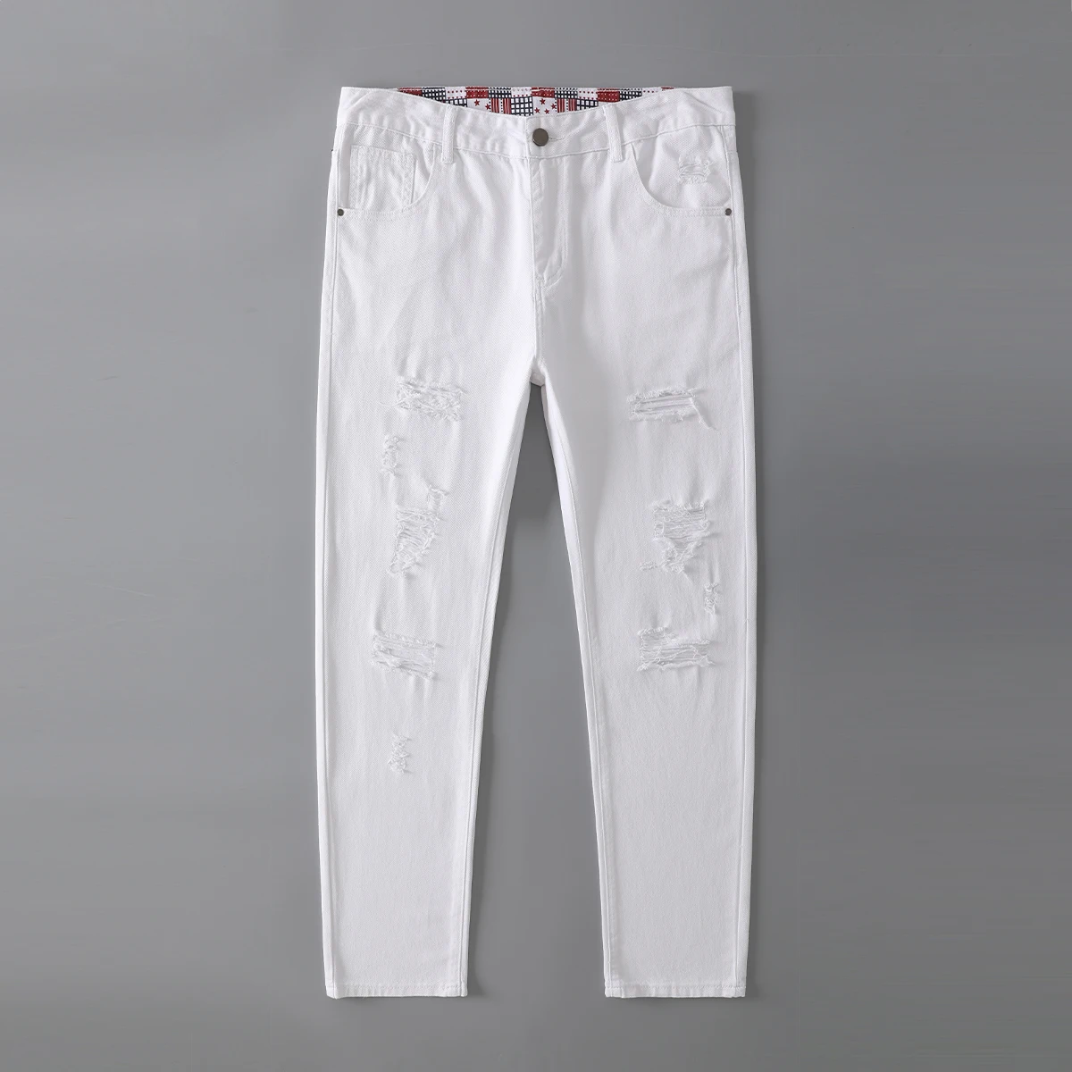 

Men’s Slim Fit Ripped White Jeans Distressed Casual Pants Streetwear Fashion Trousers USA Flag Print Waistband