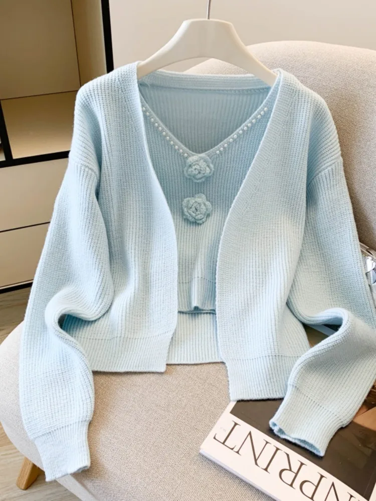 Princess Style Glitter Knitted Sweater Jacket Women's Autumn Beautiful Two-Piece Set Soft Long Sleeve round Neck Top And Vest