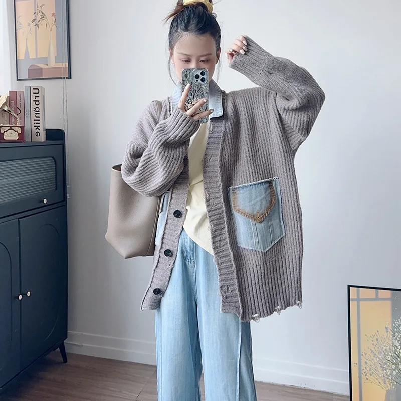 Coats Women Cardigan Sweaters Full Sleeve Jumpers Y2k Streetwear Elegant Splice Denim Open Stith Casual Loose Autumn Winter