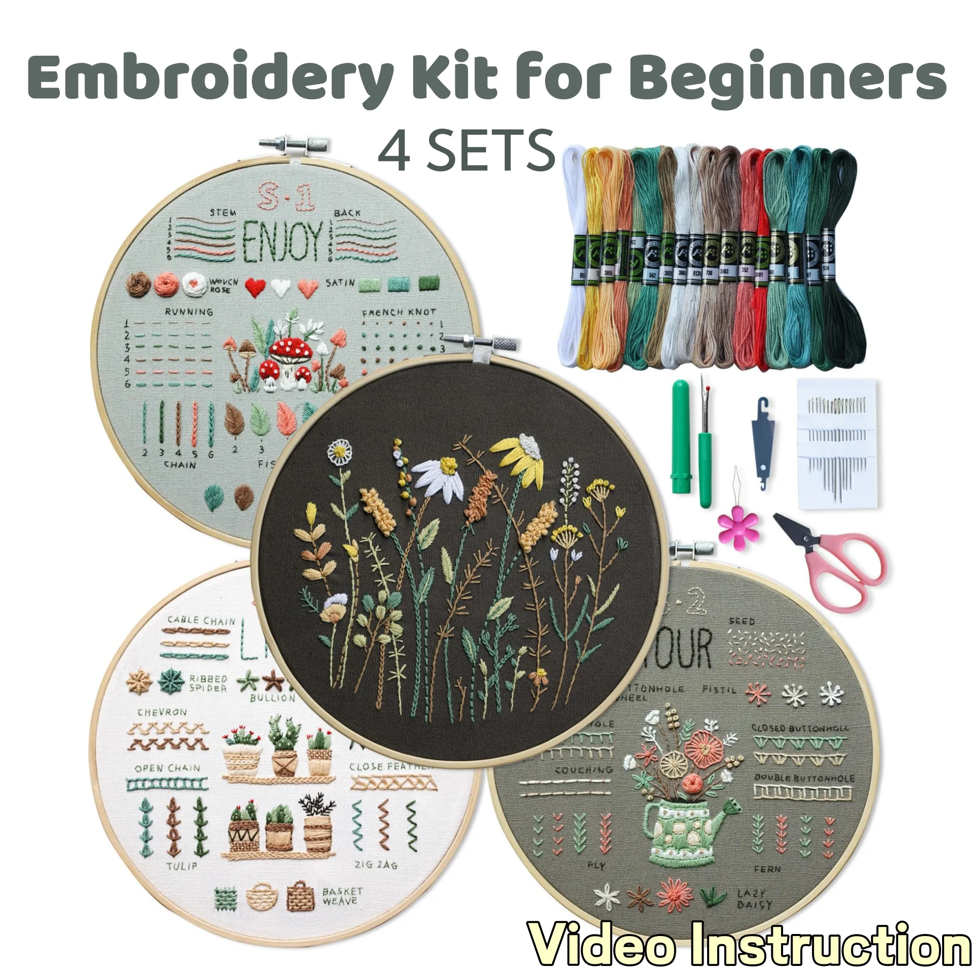 

4 Sets Embroidered Kit for Beginners 9.84Inch Cross Stitch Kits with Patterns,Instructions,Hoops,Needles,Threads for Adults Kids