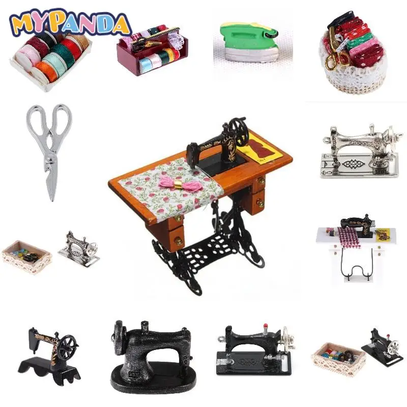 Kids Dollhouse Decor Miniature Furniture Wooden Sewing Machine With Thread Scissors Accessories For Dolls House Toys For Girls