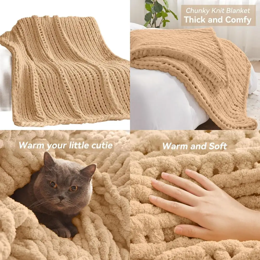 

Handcrafted 50x60 Plush Beige Knit Throw, Soft Chenille Yarn Blanket, Ideal for Bed or Couch, Machine Washable for Easy Care, Co