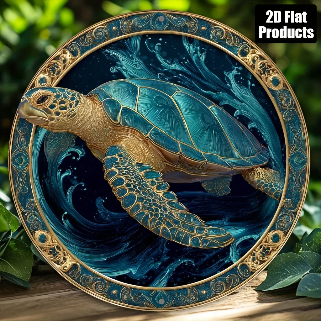 Turtle Themed Round Aluminum Sign for Home Decor, 8x8 Inch Halloween Christmas Holiday Gift, 2D Flat Metal Plaque for Bar Office