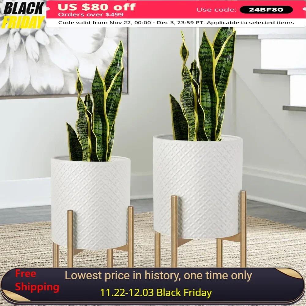 

Planters for Indoor Plants Set of 2, Modern Decorative Plant Pots for Living Room, Garden, White Planters with Glod Plant Stands