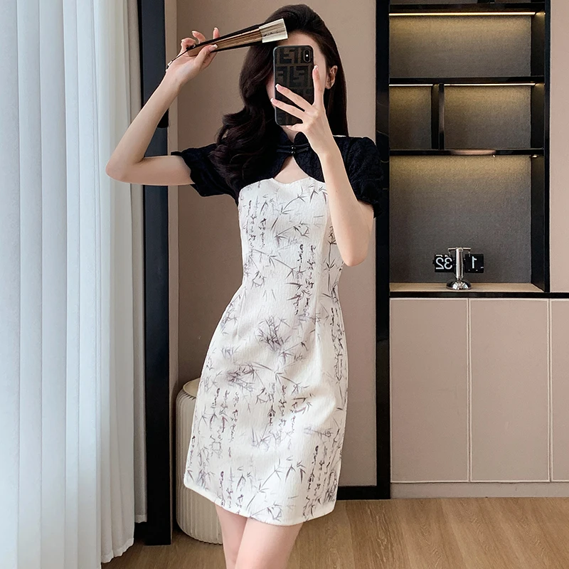 

2024 Women Summer New Modern Improved Cheongsam Vintage Traditional Chinese Style Slim Patchwork Black Qipao Dress