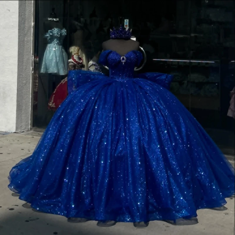 

Royal Blue Mexican Quinceanera Dressess Off The Shoulder Luxury Sequin Beads Crystal Tull vestido 15 quinceaneras Corset Sweet