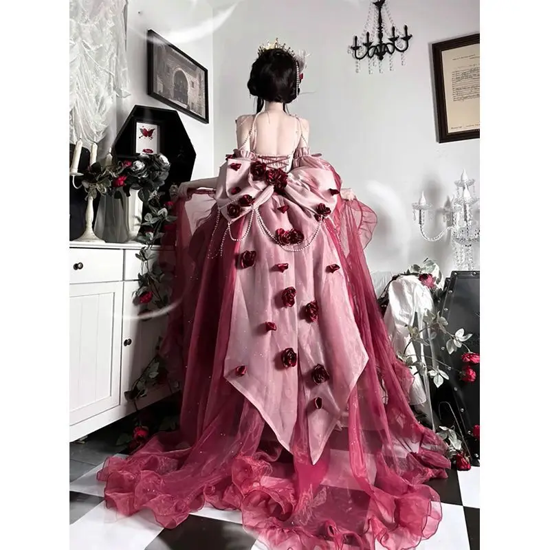 Princess Dress Christmas Outfit New Year Gradient Plum Blossom Red Lolita Dress Flower Wedding Noble Daughter's Evening Gown