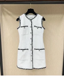 2024 Spring Summer France Style Women's High Quality Elegant White Sleeveless Tweed Dress C866