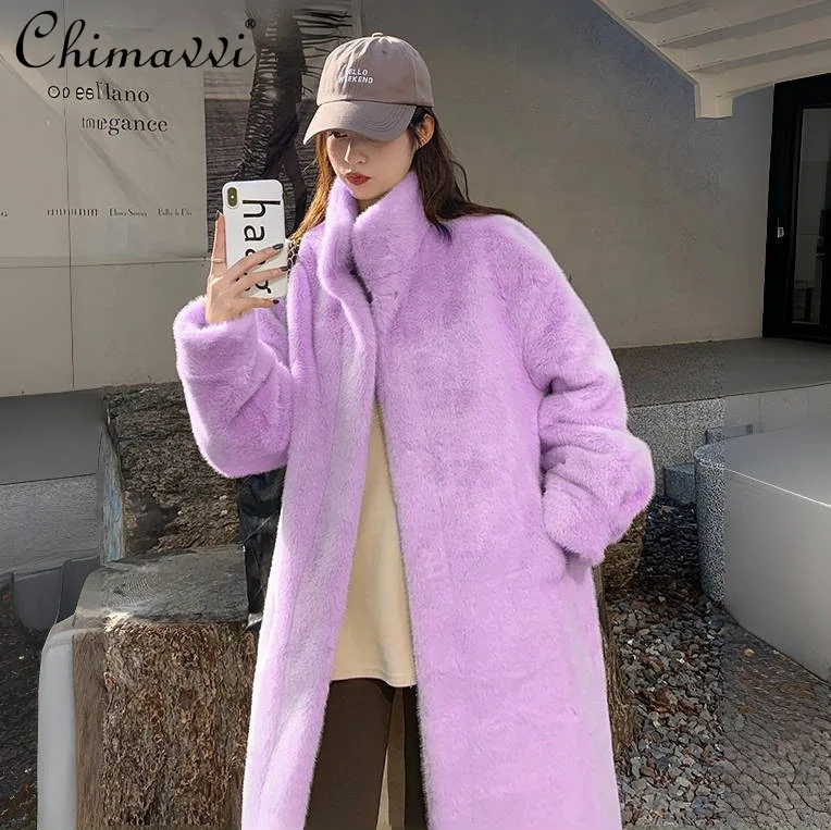 

Korean Style Elegant Fashion Socialite Faux Fur Coat Women Winter Long Jacket Stand Collar Single-Breasted Loose Plush Overcoat