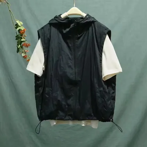 Imagen 2 del producto Chalecos de moda para mujer, cremalleras de carga, Tops informales con capucha, chaleco liso holgado de verano 2025, ropa deportiva fina de secado rápido para mujer