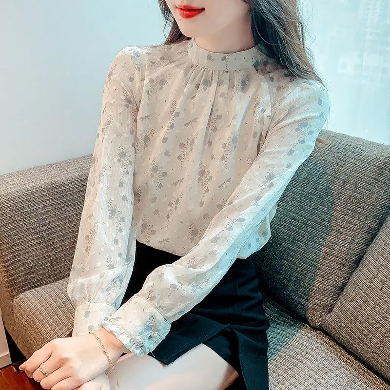 Clothes for Women 2024 Korean Fashion Print Ruffled Blouse Elegant Chic Stand Collar Chiffon Shirt Casual Long Sleeve Loose Tops